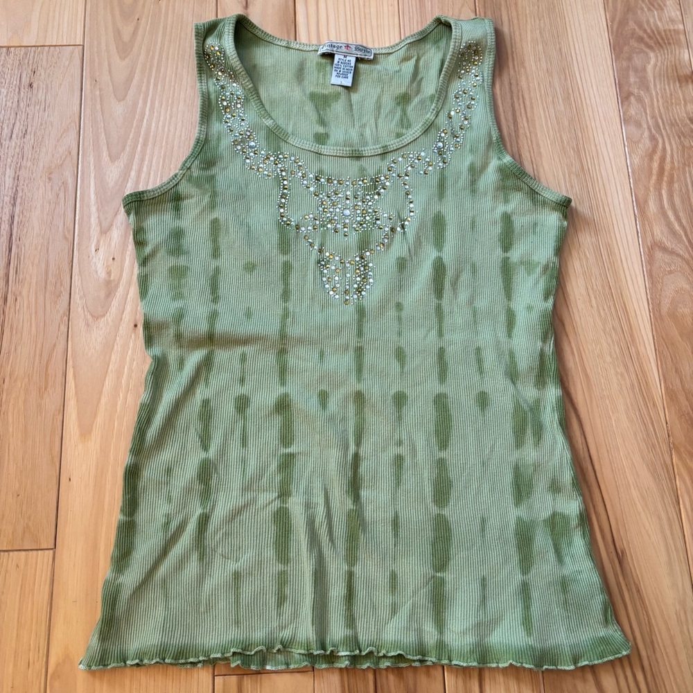 Vintage Y2K Vintage Suzie Green Embellished Tie Dye Lettuce Hem Tank Top